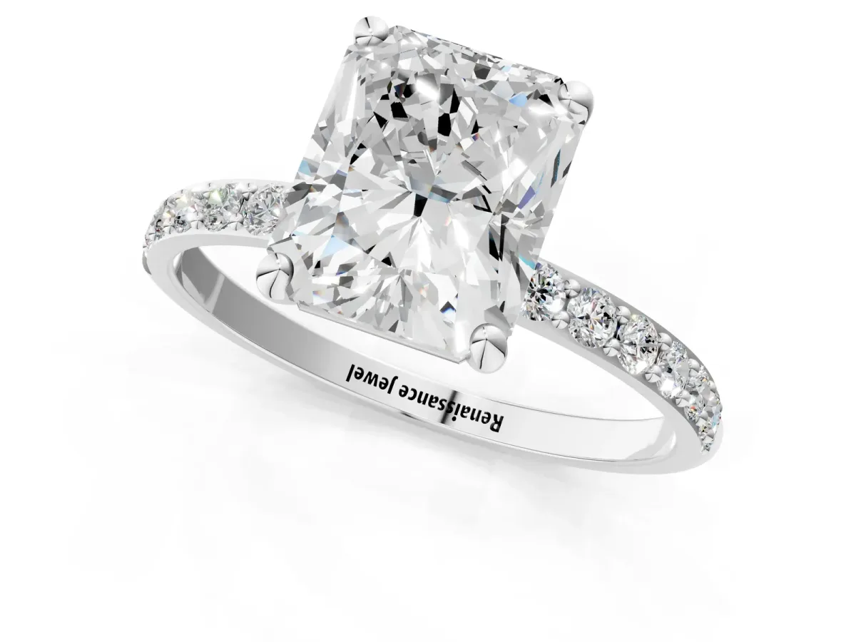 Radiant Cut Diamond Solitaire Ring with Round Pavé Band and Prong Setting Platinum