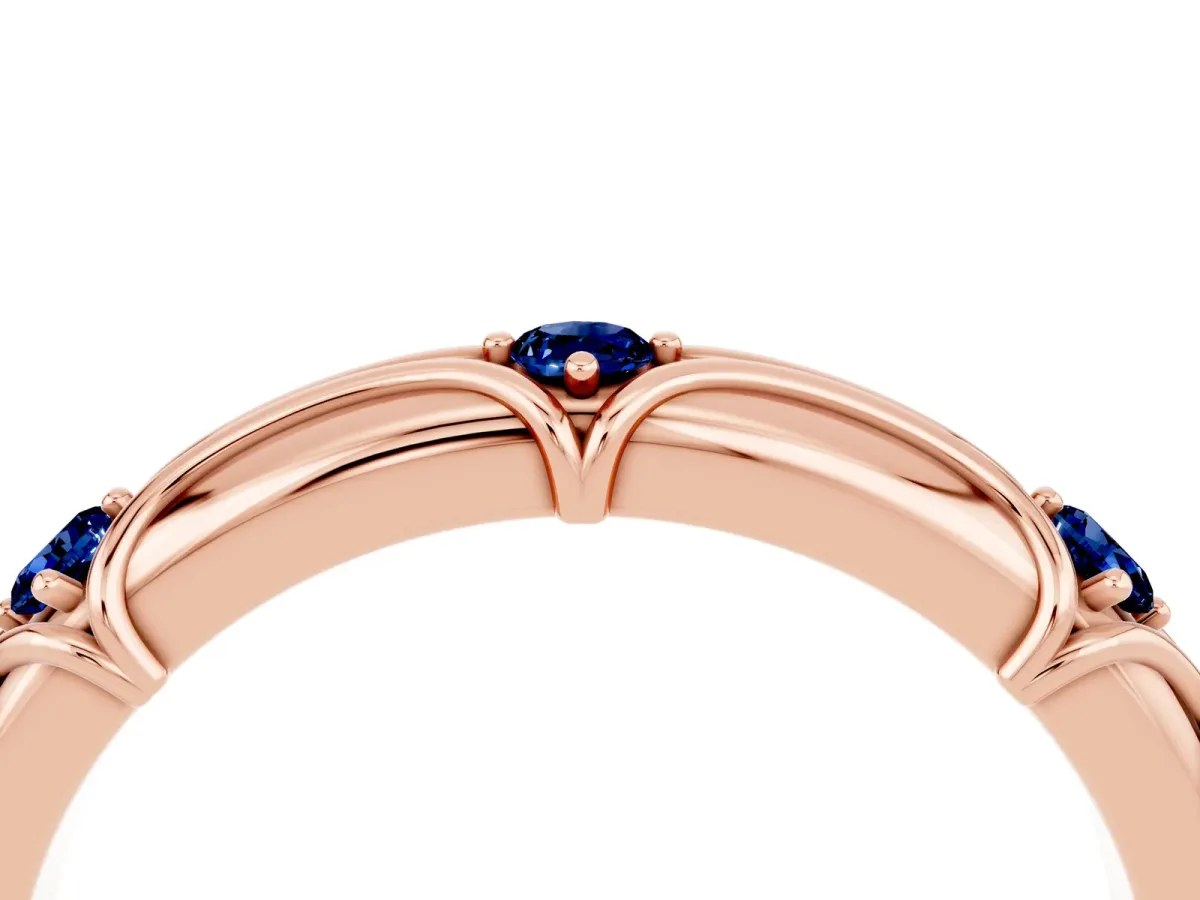 Round Blue Sapphire Prong Set Milgrain Eternity Band Rose gold