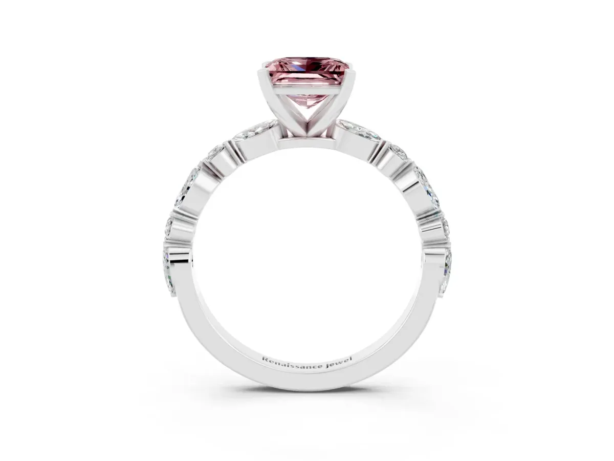 Princess Cut Morganite Ring with Marquise and Round Side Stones and Four-Prong Setting Silver