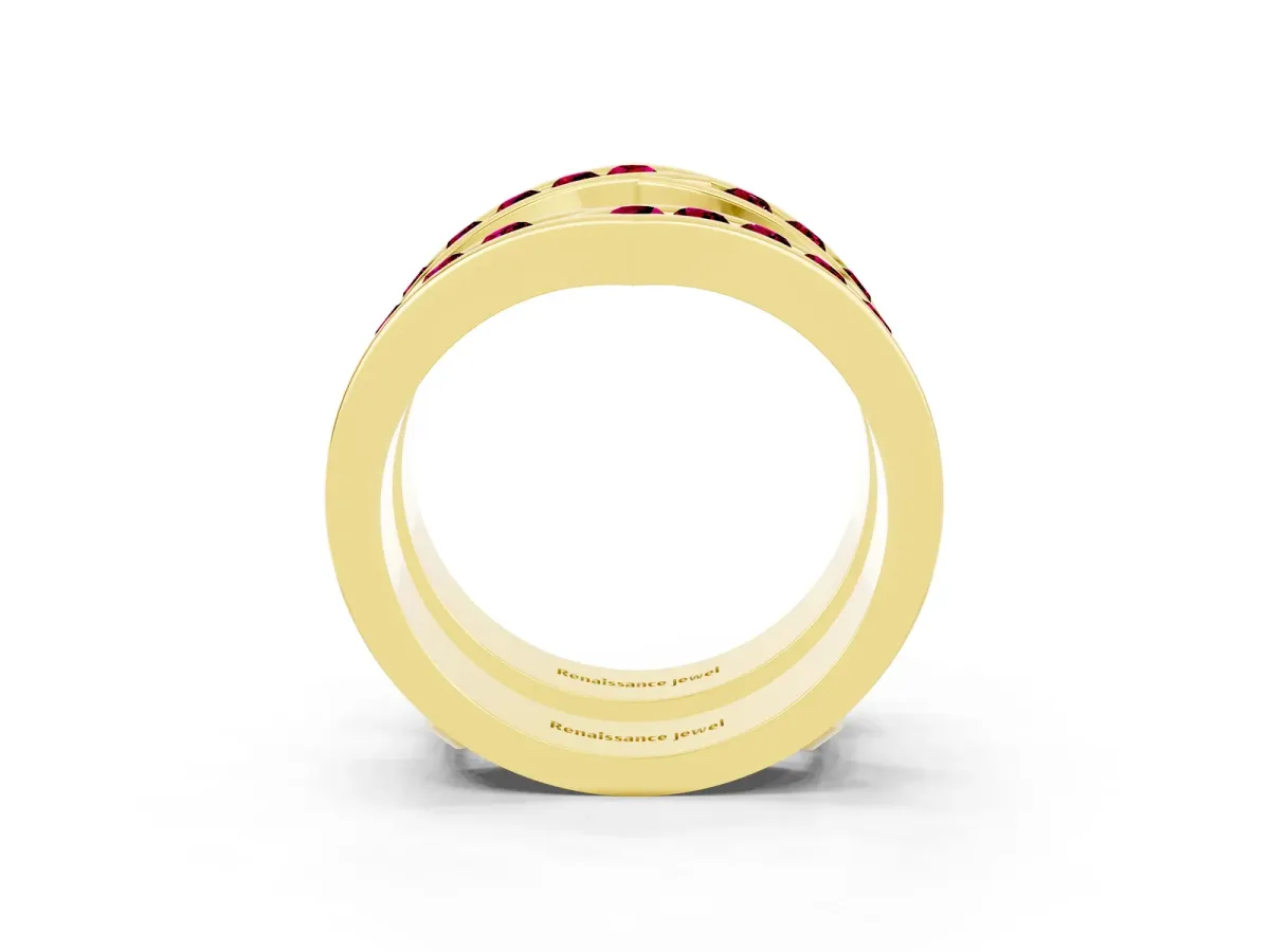 Round Garnet Channel-Set Chevron Band Yellow gold