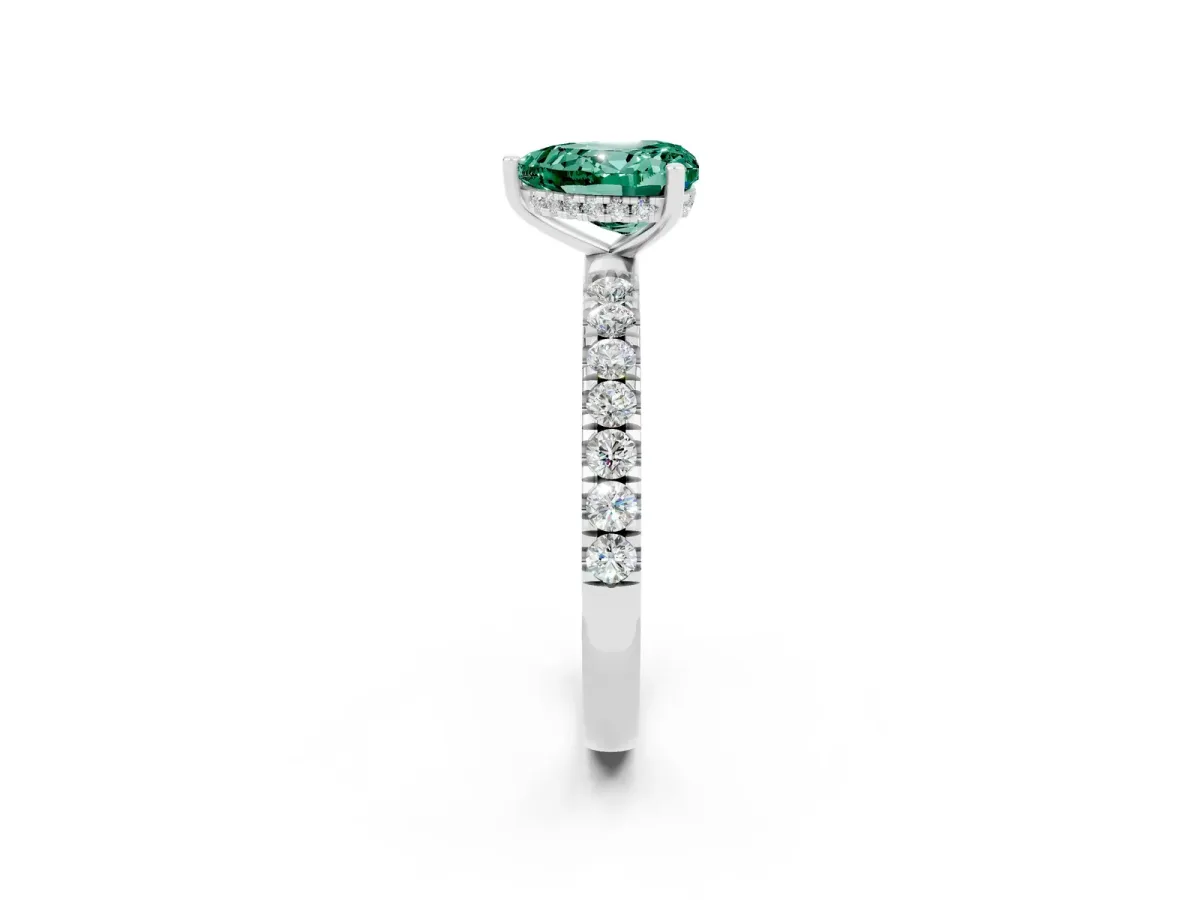 Heart Cut Green Sapphire Pave Band Solitaire Ring with Round and Prong Setting Silver