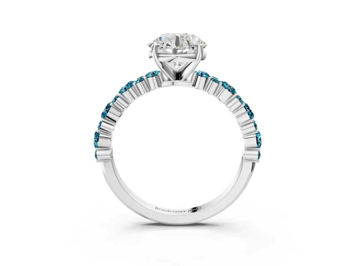 Round Cut Diamond Side Stone Solitaire Ring with Round Tanzanite and Four-Prong Setting Silver