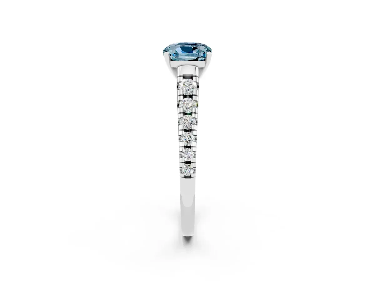 Cushion Cut Aquamarine Cathedral Solitaire Ring with Round Pavé Band Silver