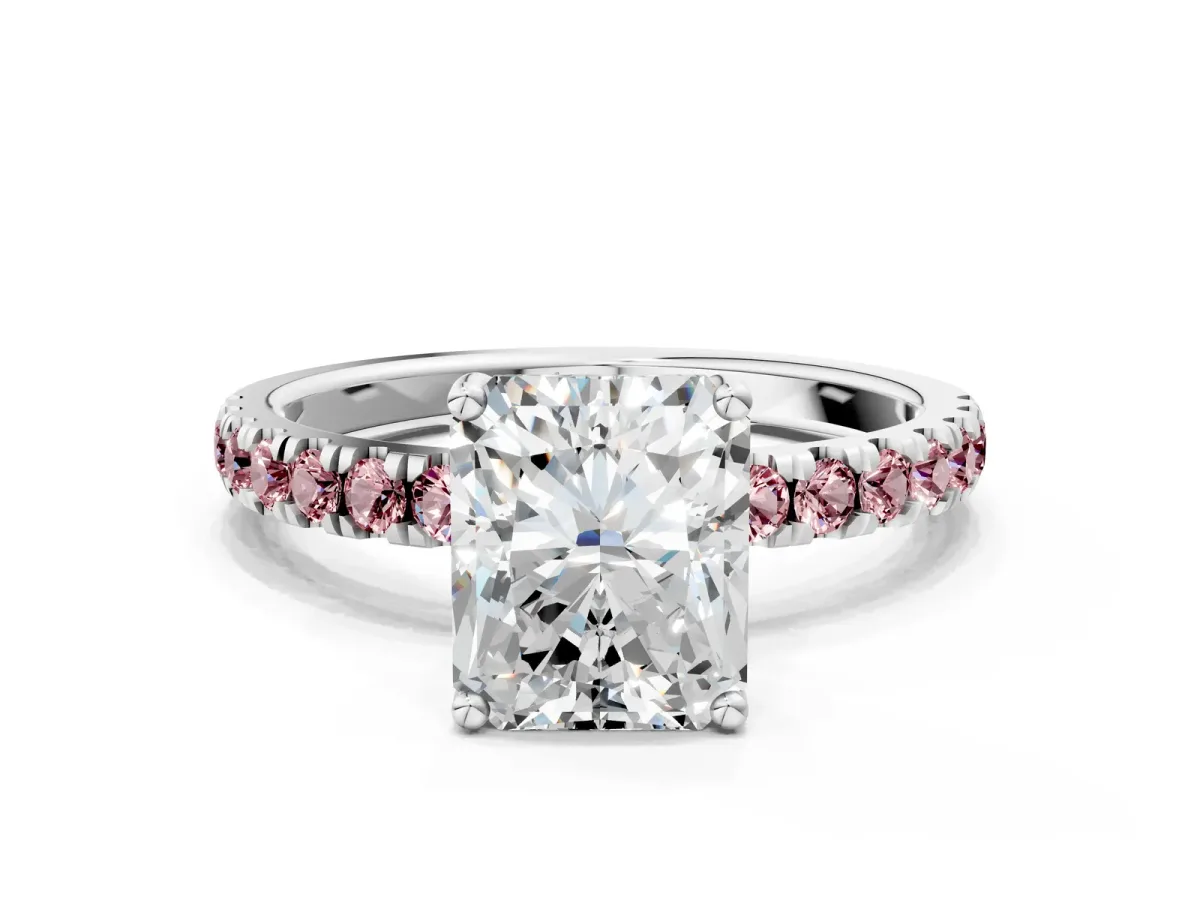 Radiant Cut Diamond Pave Band Solitaire Ring with Round Morganite and Prong Setting Platinum