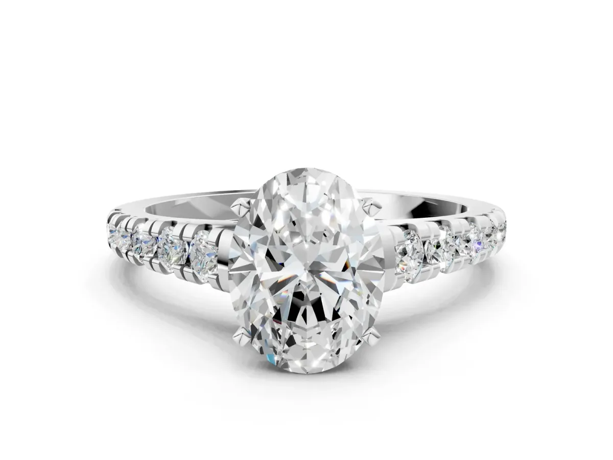Oval Cut Diamond Cathedral Solitaire Ring with Round Moissanite Pavé Band White gold