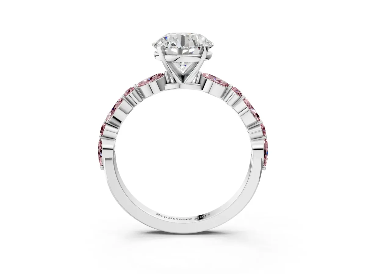 Round Cut Diamond Ring with Marquise and Round Morganite Side Stones and Four-Prong Setting Silver