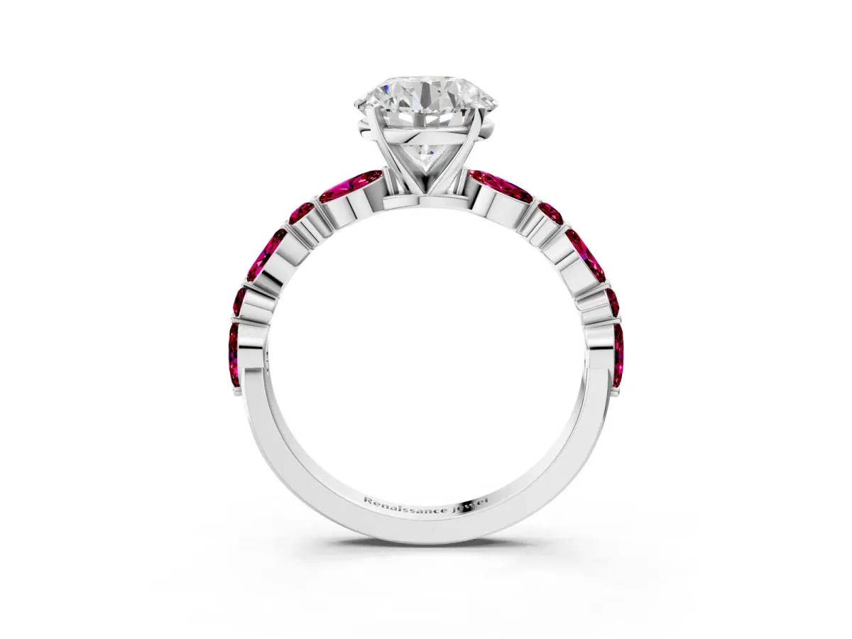 Round Cut Diamond Ring with Marquise and Round Garnet Side Stones and Four-Prong Setting Platinum