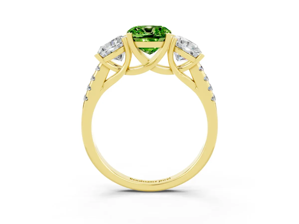 Three-Stone Cushion Cut Peridot Ring with Round Pavé Band and Prong Setting Yellow gold