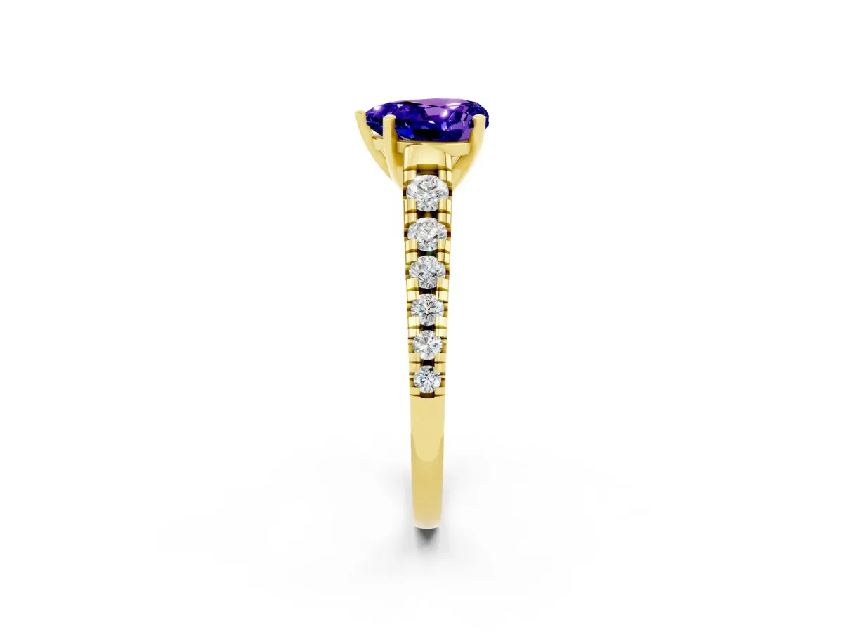 Heart Cut Tanzanite Cathedral Solitaire Ring with Round Pavé Band Yellow gold