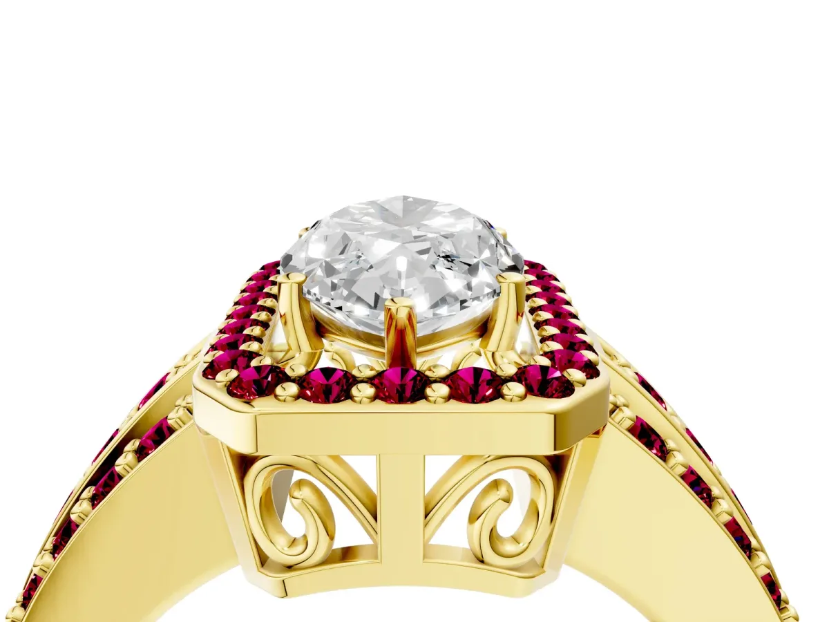 Marquise Cut Halo Diamond Ring with Round Garnet Split Shank and Prong Setting Yellow gold