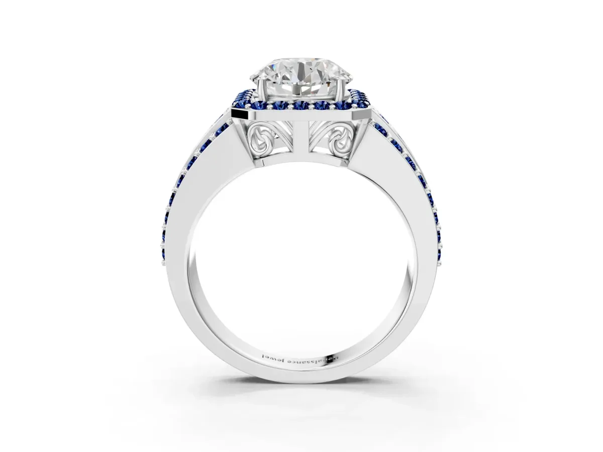 Round Cut Halo Diamond Ring with Round Blue Sapphire Split Shank and Prong Setting Silver