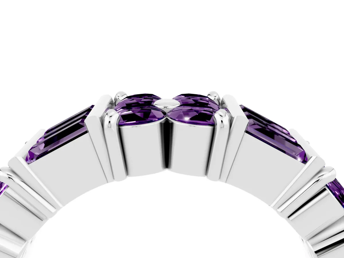 Channel Set Round and Baguette Amethyst Anniversary Band with Prong Setting Platinum