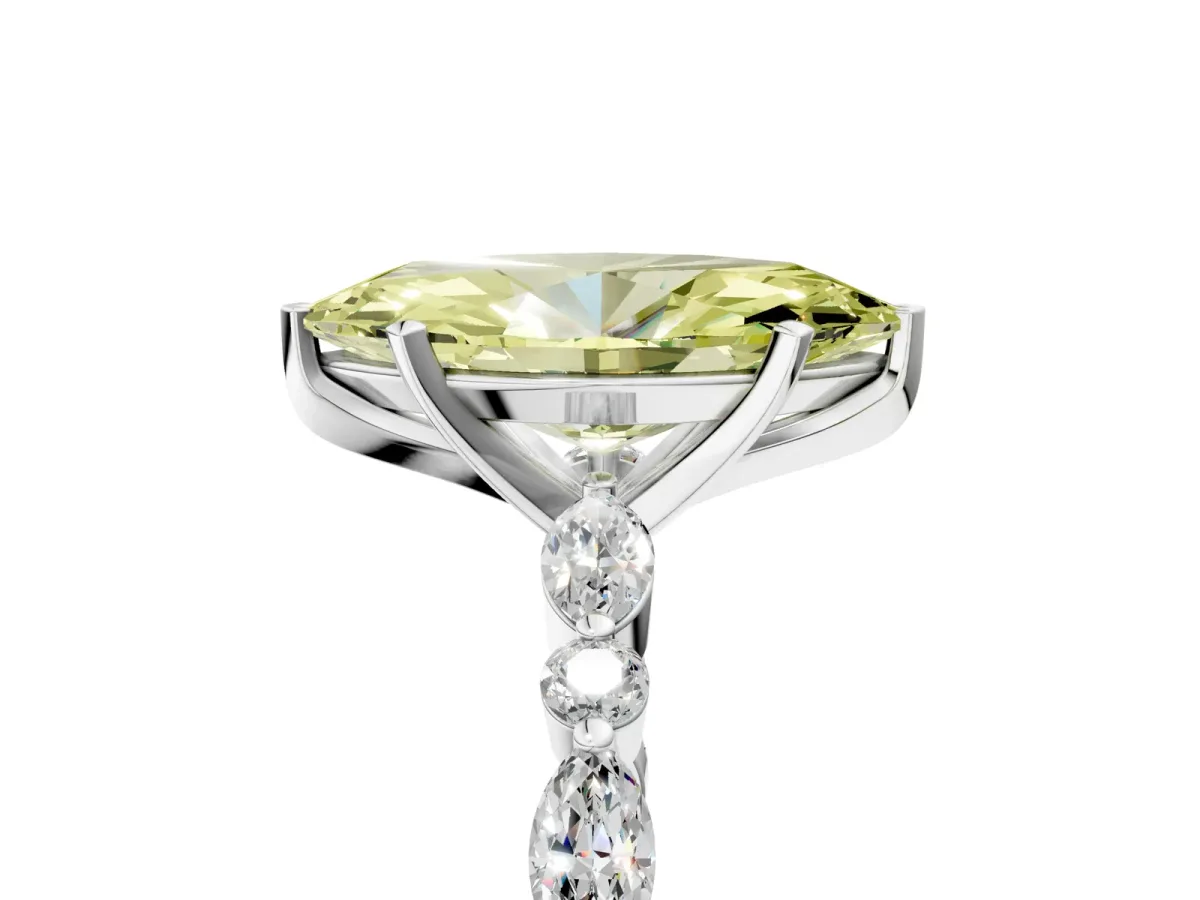 Fancy Yellow Marquise Cut Diamond Ring with Marquise and Round Side Stones and Four-Prong Setting Silver