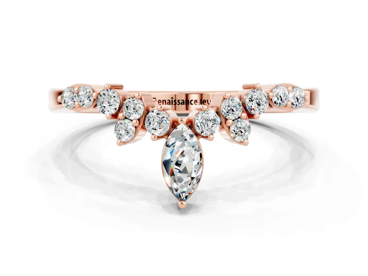 Marquise and Round Moissanite Chevron Band with Prong Setting Rose gold