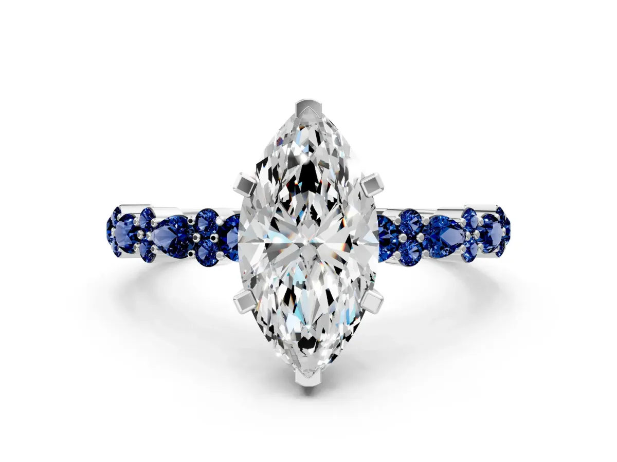 Marquise Cut Diamond Side Stone Solitaire Ring with Round Blue Sapphire and Four-Prong Setting White gold
