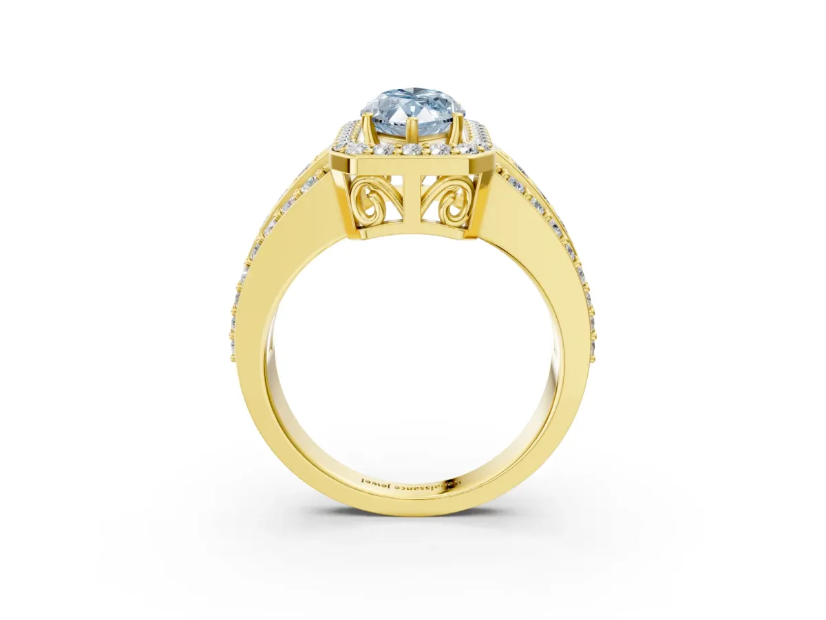 Fancy Blue Marquise Cut Halo Diamond Ring with Round Split Shank and Prong Setting Yellow gold