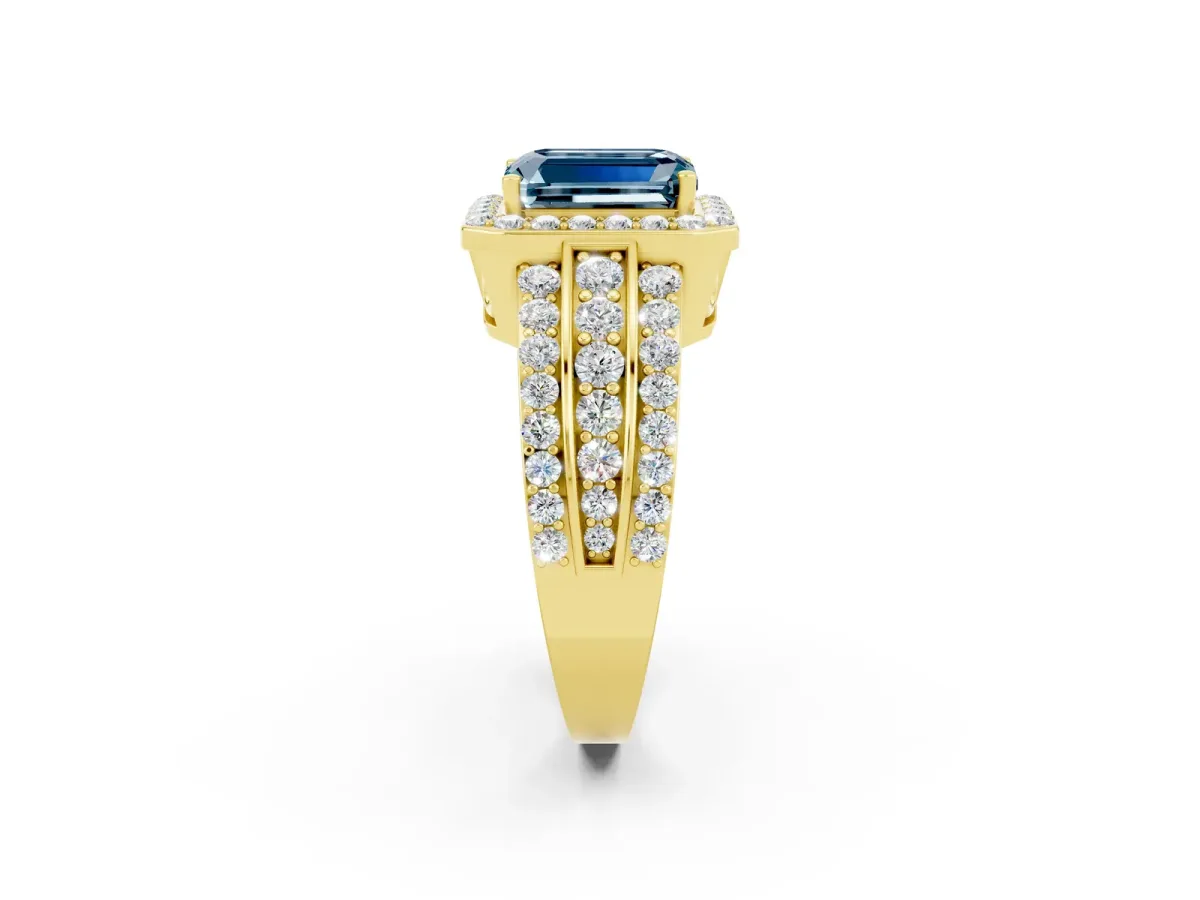 Emerald Cut Halo Aquamarine Ring with Round Split Shank and Prong Setting Yellow gold