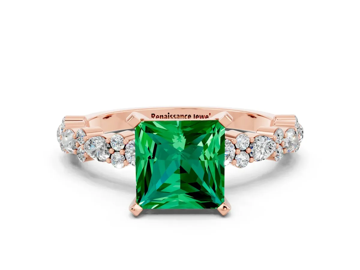 Princess Cut Emerald Side Stone Solitaire Ring with Round and Four-Prong Setting Rose gold
