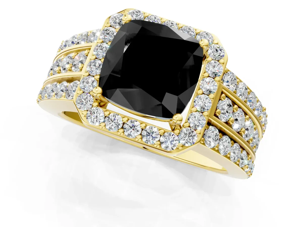 Fancy Black Cushion Cut Halo Diamond Ring with Round Split Shank and Prong Setting Yellow gold
