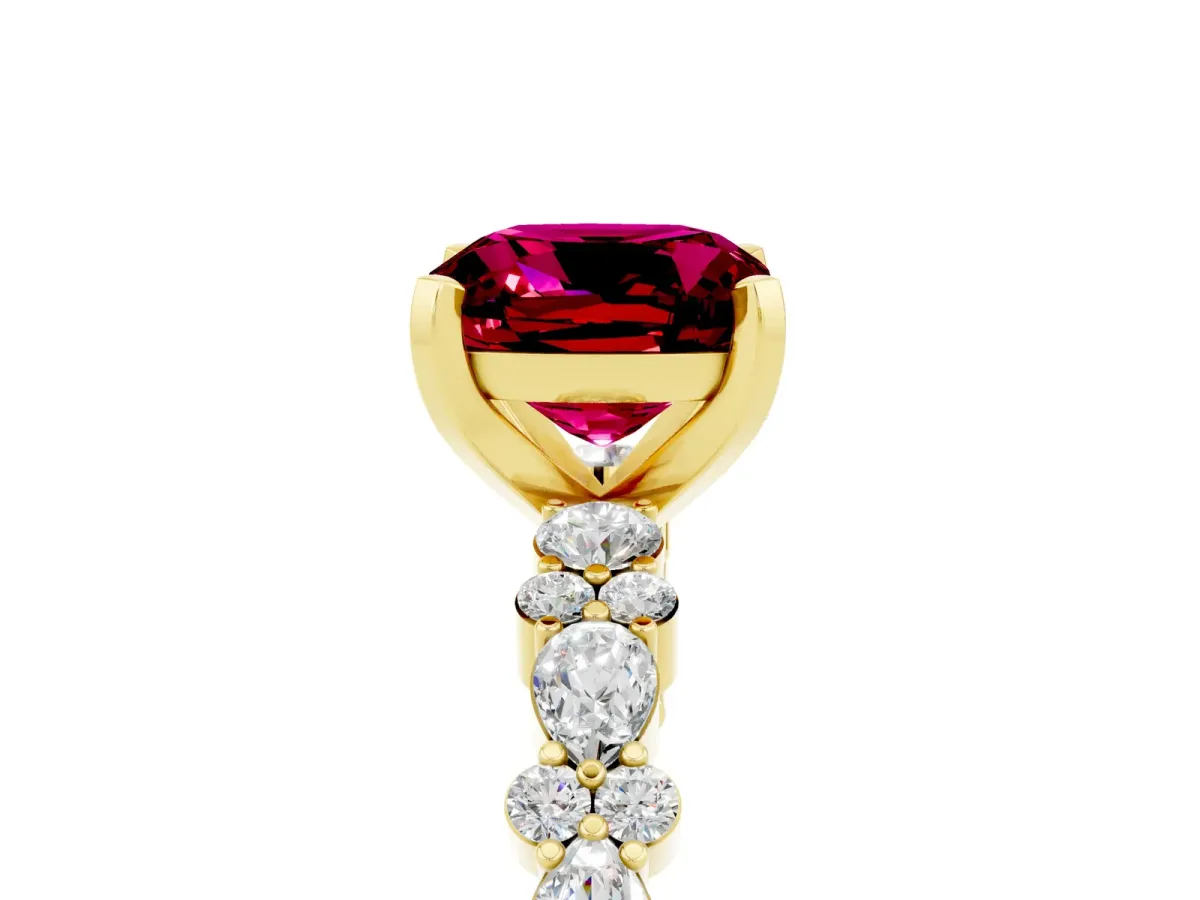 Cushion Cut Garnet Side Stone Solitaire Ring with Round and Four-Prong Setting Yellow gold