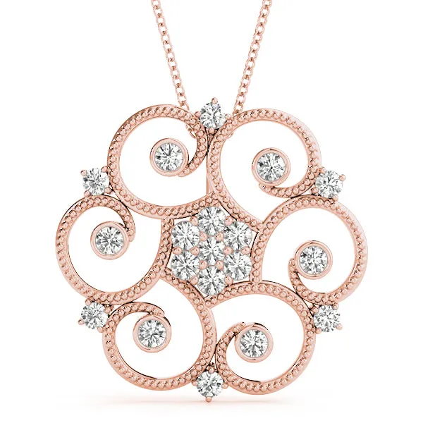 Milgrain Diamond Round Swirl Pendant with Prong Setting Rose gold