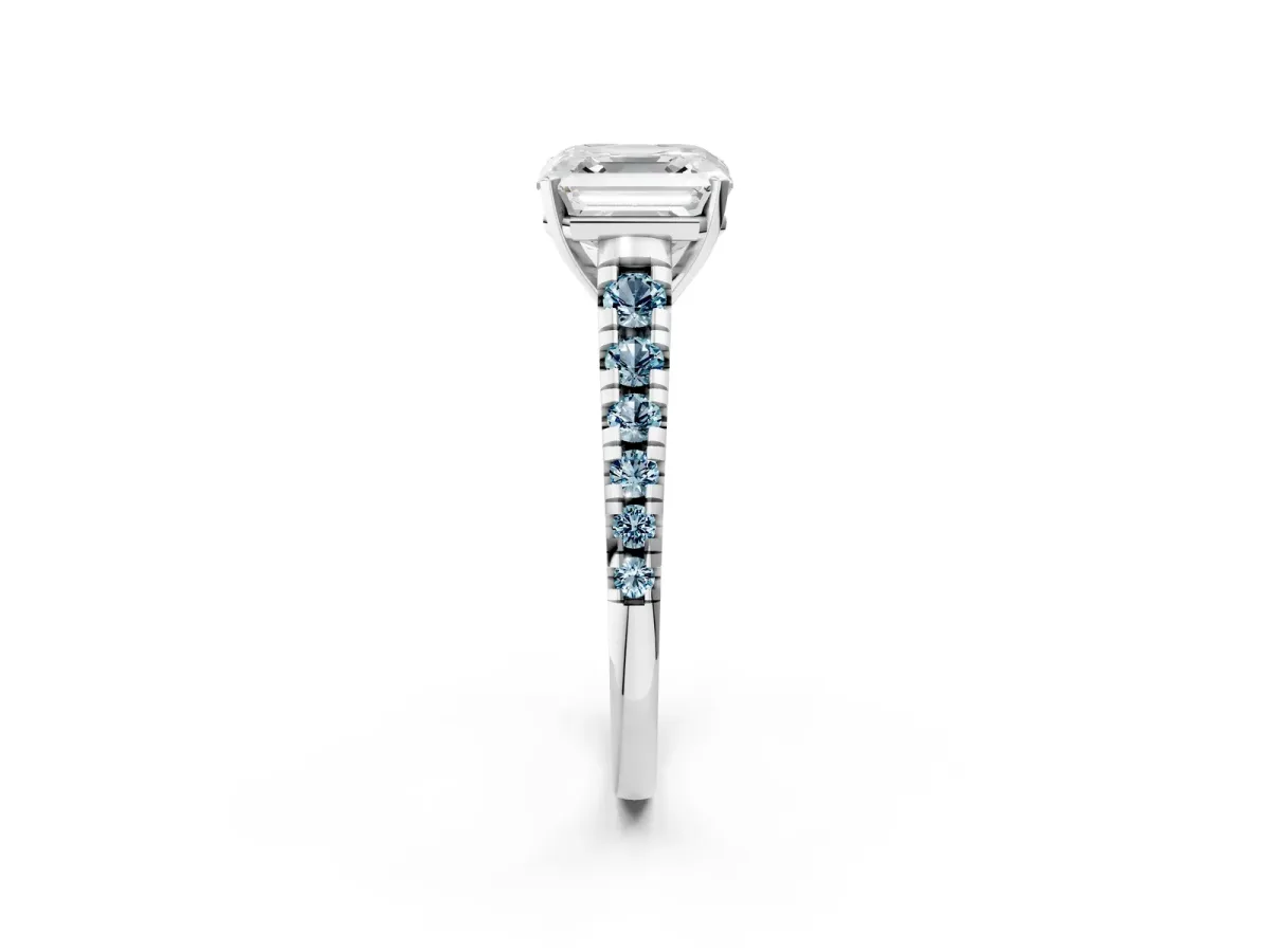 Asscher Cut Diamond Cathedral Solitaire Ring with Round Aquamarine Pavé Band Silver