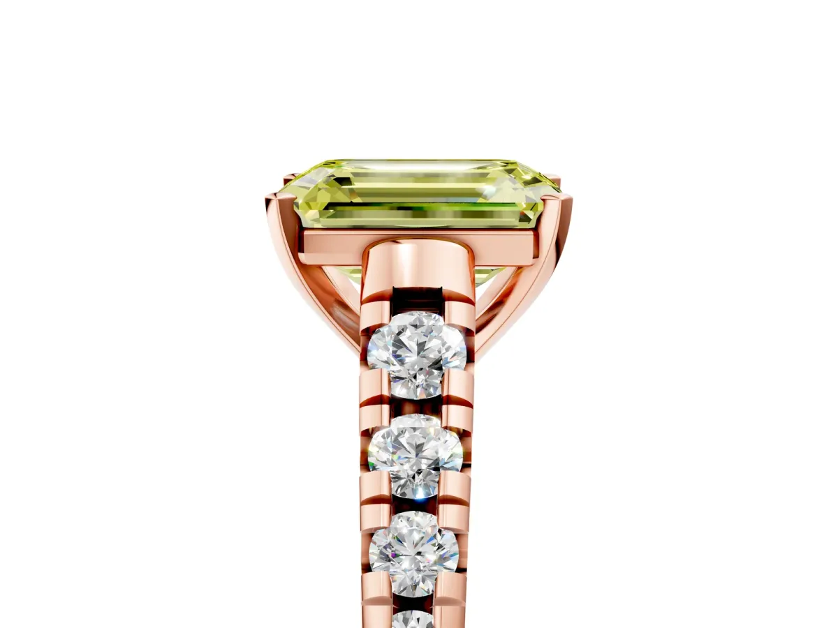Fancy Yellow Emerald Cut Diamond Cathedral Solitaire Ring with Round Pavé Band Rose gold