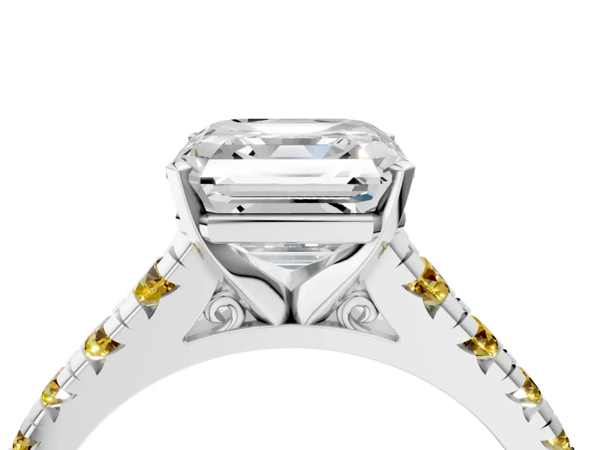 Asscher Cut Diamond Cathedral Solitaire Ring with Round Yellow Sapphire Pavé Band Silver