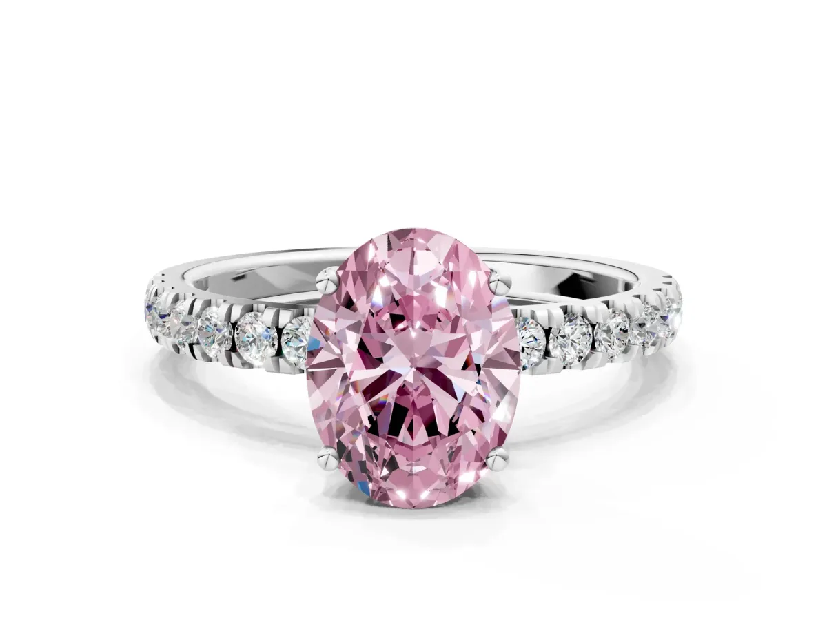 Fancy Pink Oval Cut Diamond Pave Band Solitaire Ring with Round and Prong Setting Platinum