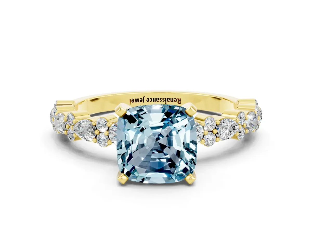 Cushion Cut Aquamarine Side Stone Solitaire Ring with Round and Four-Prong Setting Yellow gold
