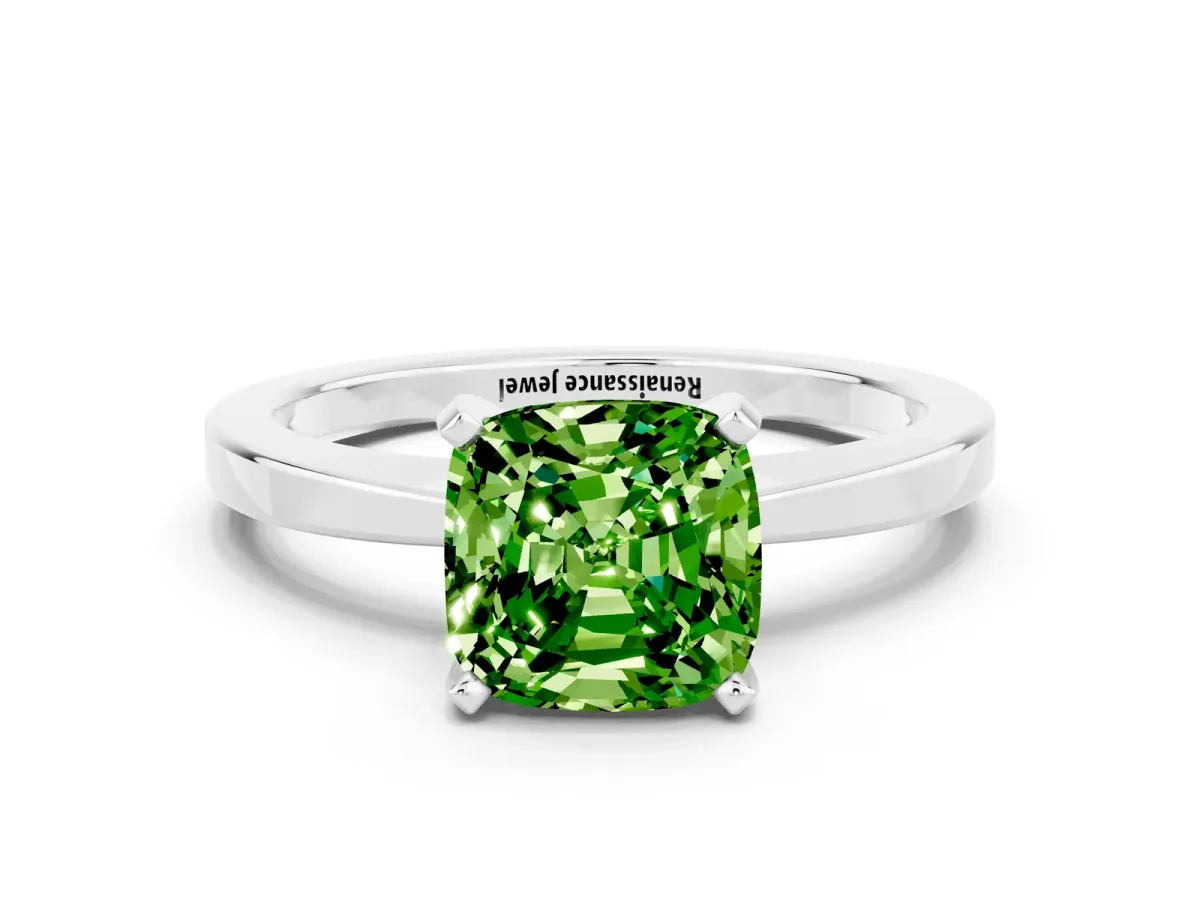 Cushion Cut Peridot Solitaire Engagement Ring with Classic Band and Four-Prong Setting Platinum