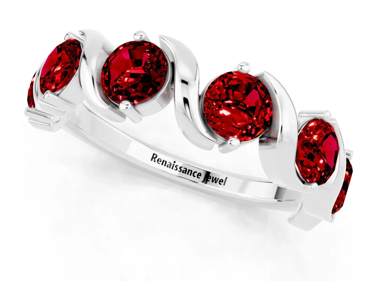 Round Ruby Half Eternity Band with Wave Prong Setting Platinum
