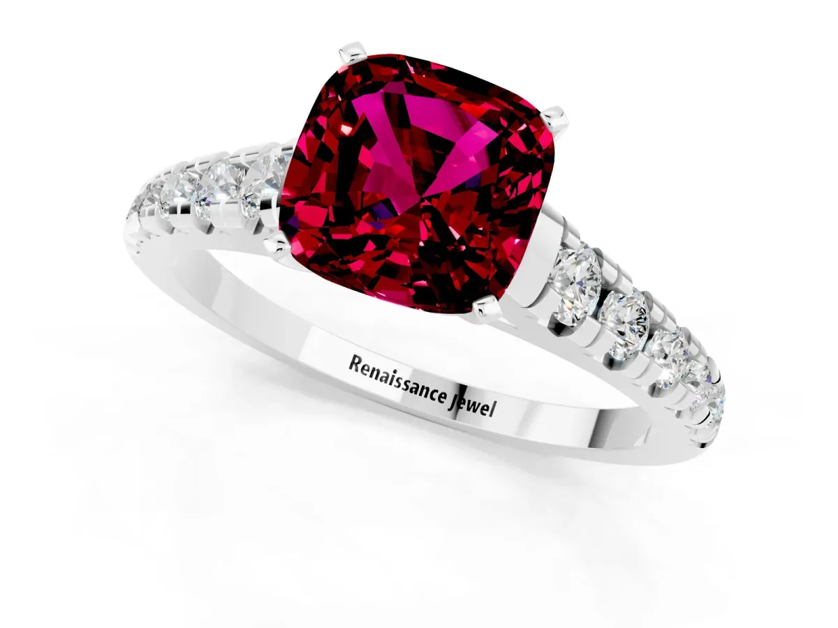 Cushion Cut Garnet Cathedral Solitaire Ring with Round Pavé Band White gold