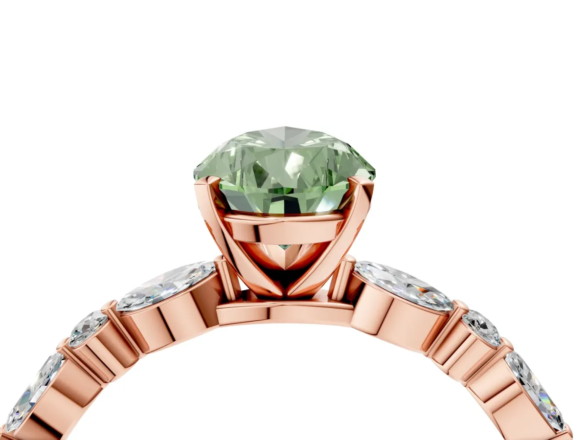 Fancy Green Pear Cut Diamond Ring with Marquise and Round Side Stones and Four-Prong Setting Rose gold