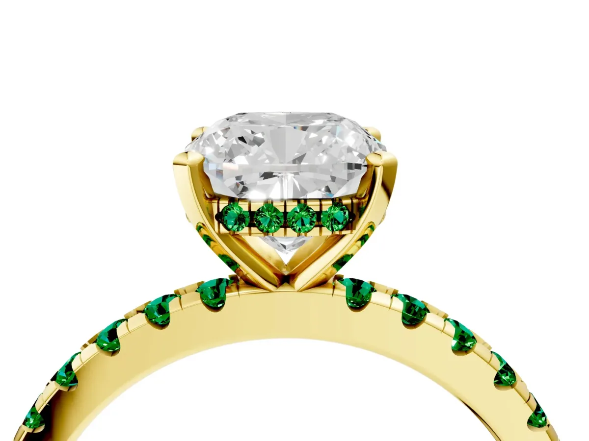 Cushion Cut Diamond Solitaire Ring with Round Emerald Pavé Band and Four-Prong Setting Yellow gold
