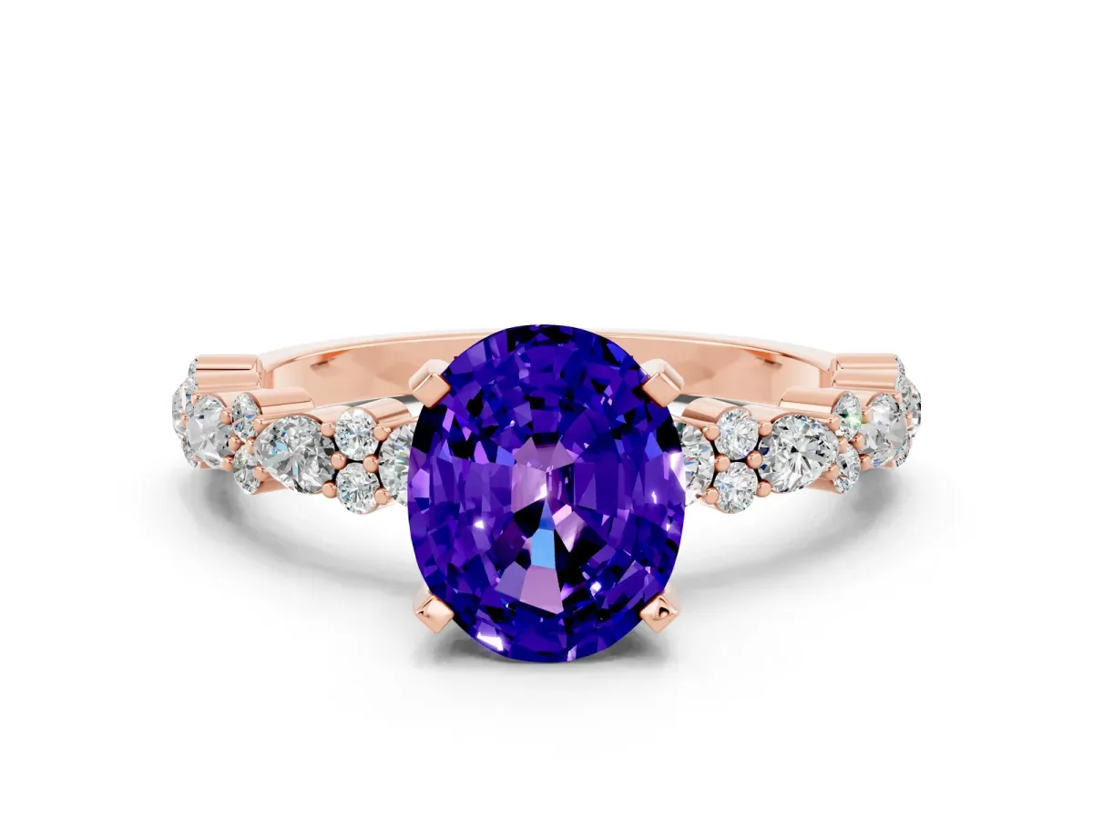 Oval Cut Tanzanite Side Stone Solitaire Ring with Round and Four-Prong Setting Rose gold