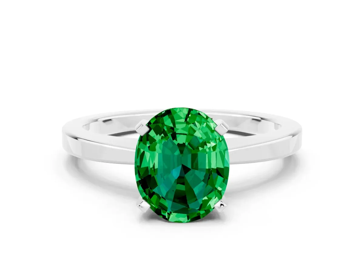 Oval Cut Emerald Solitaire Engagement Ring with Classic Band and Four-Prong Setting Platinum