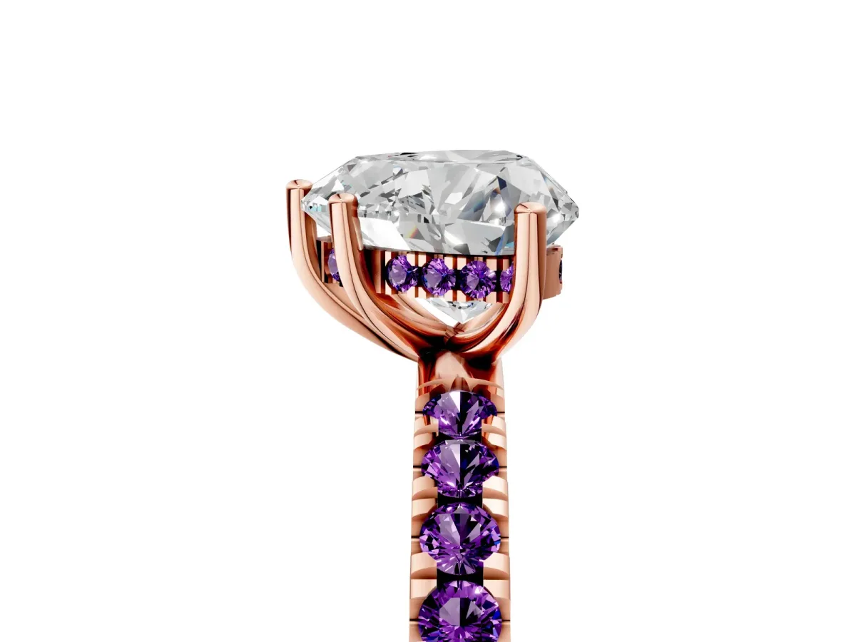 Heart Cut Diamond Pave Band Solitaire Ring with Round Amethyst and Prong Setting Rose gold