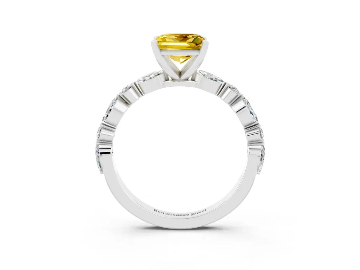 Princess Cut Yellow Sapphire Ring with Marquise and Round Side Stones and Four-Prong Setting Platinum