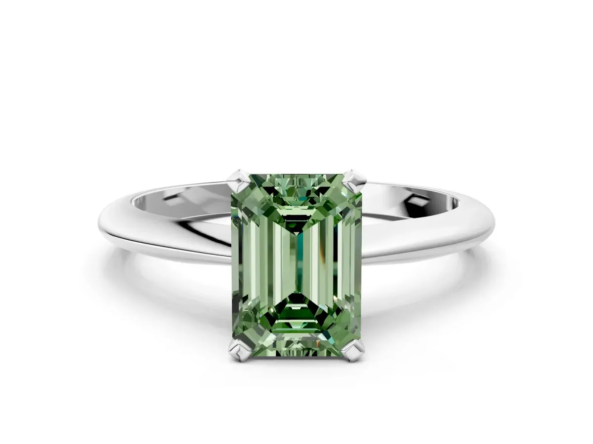 Fancy Green Emerald Cut Diamond Solitaire Engagement Ring with Classic Band and Four-Prong Setting Platinum