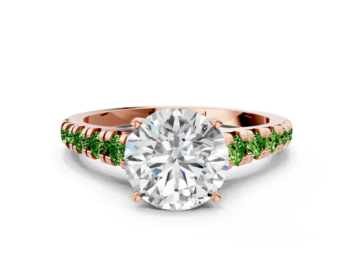 Round Cut Diamond Cathedral Solitaire Ring with Round Peridot Pavé Band Rose gold
