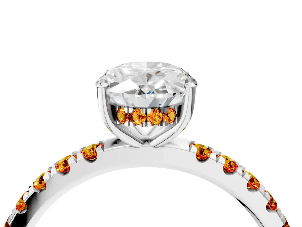 Oval Cut Diamond Pave Band Solitaire Ring with Round Citrine and Prong Setting Platinum