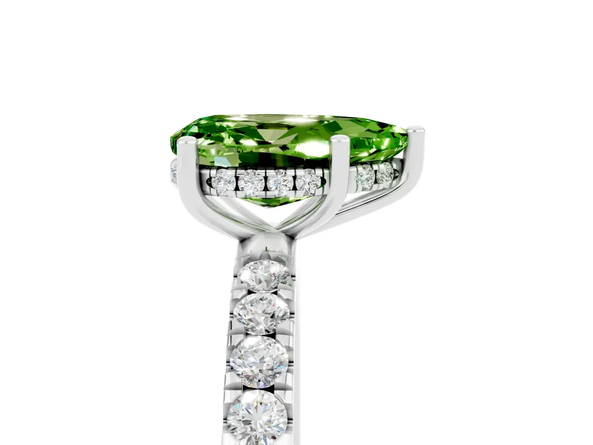 Pear Cut Peridot Pave Band Solitaire Ring with Round and Prong Setting White gold