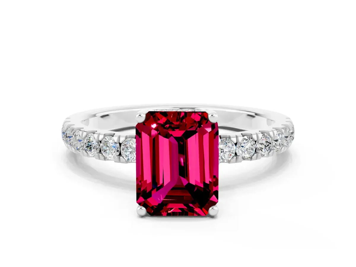 Emerald Cut Garnet Pave Band Solitaire Ring with Round and Prong Setting Silver