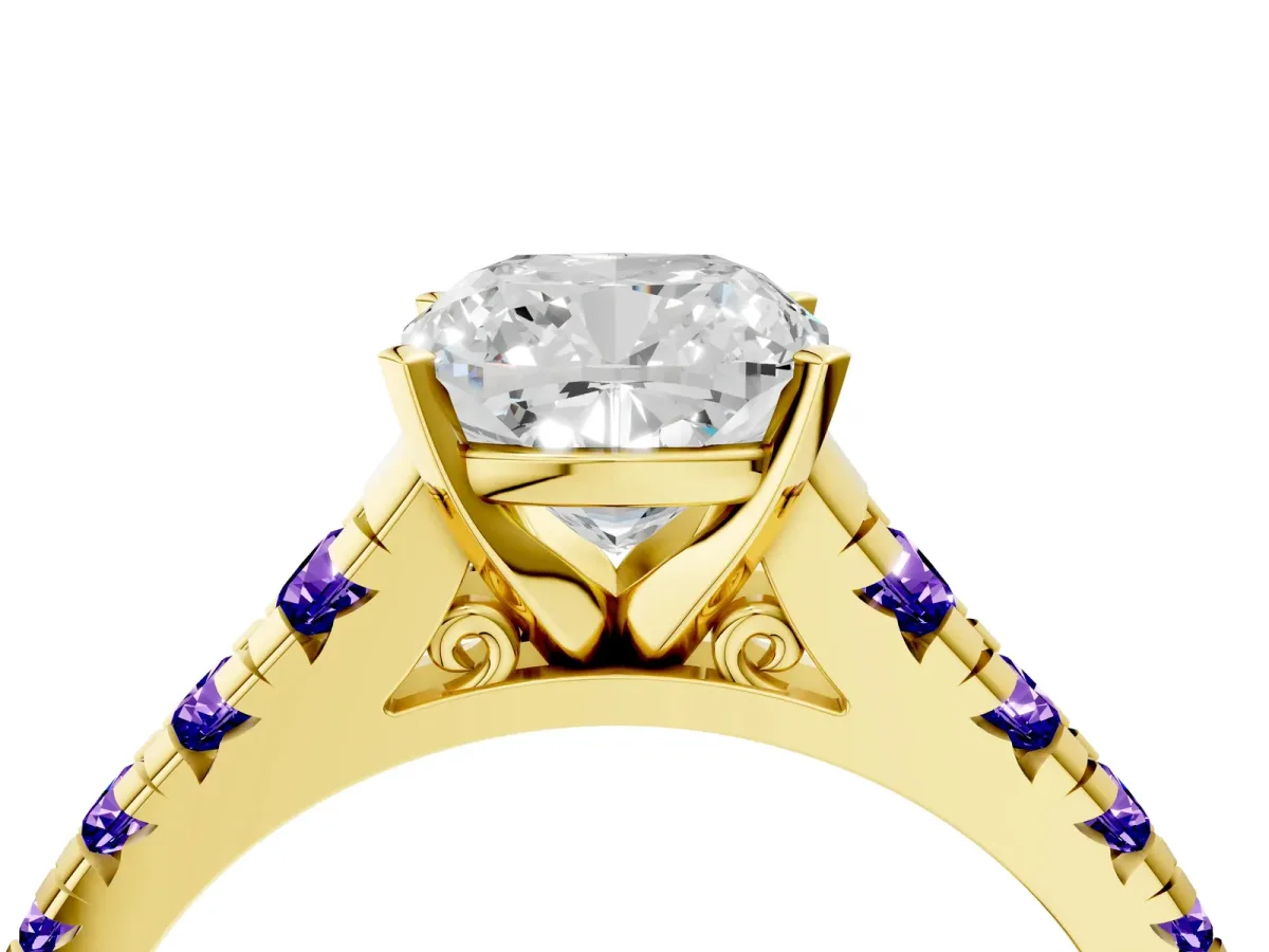 Cushion Cut Diamond Cathedral Solitaire Ring with Round Tanzanite Pavé Band Yellow gold