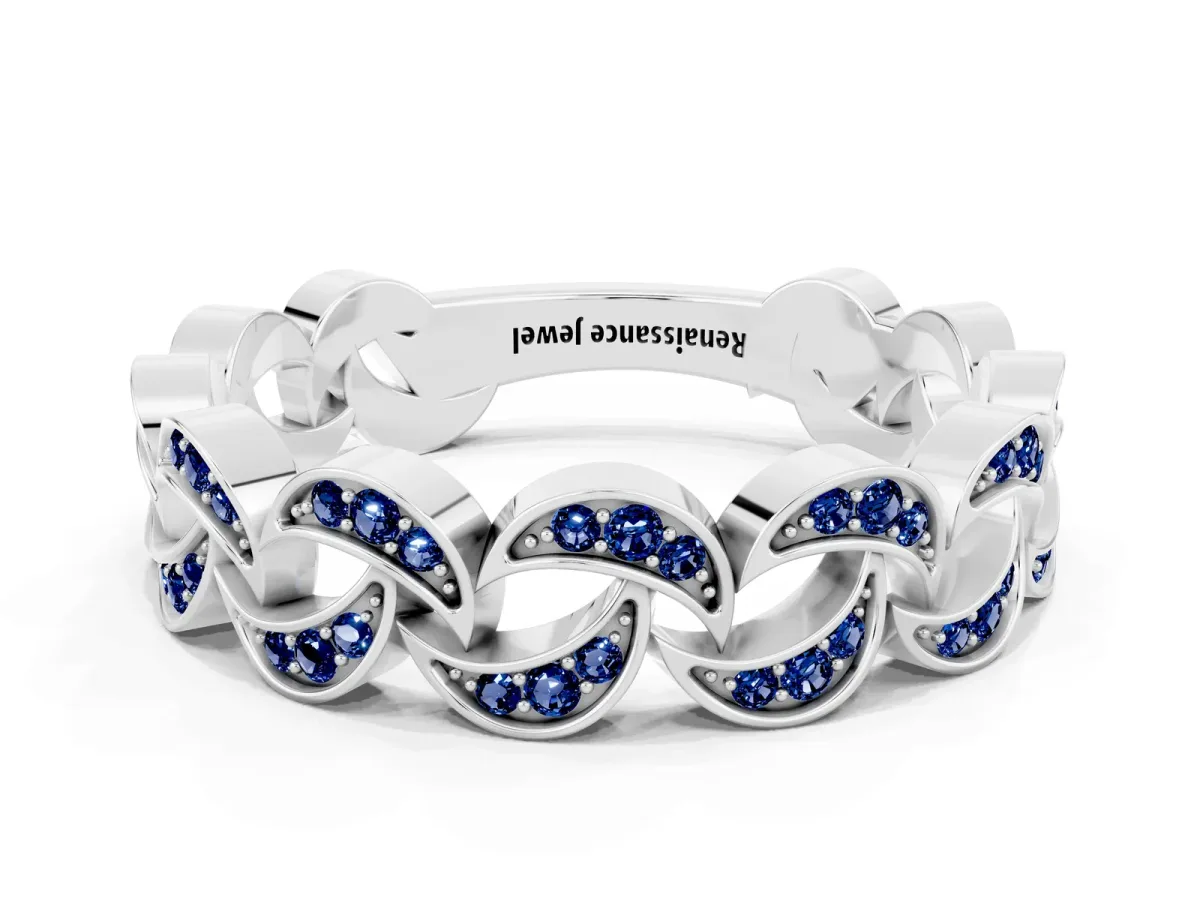 Pavé Round Blue Sapphire Interlocking Eternity Band with Bezel Prong Setting White gold