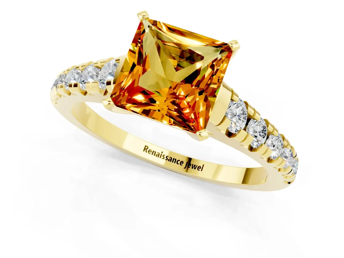 Princess Cut Citrine Cathedral Solitaire Ring with Round Pavé Band Yellow gold