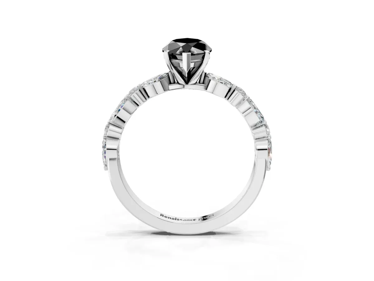 Fancy Black Marquise Cut Diamond Ring with Marquise and Round Side Stones and Four-Prong Setting Silver