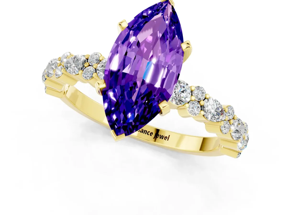 Marquise Cut Tanzanite Side Stone Solitaire Ring with Round and Four-Prong Setting Yellow gold