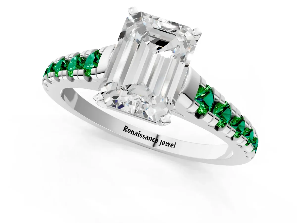 Emerald Cut Diamond Cathedral Solitaire Ring with Round Emerald Pavé Band White gold